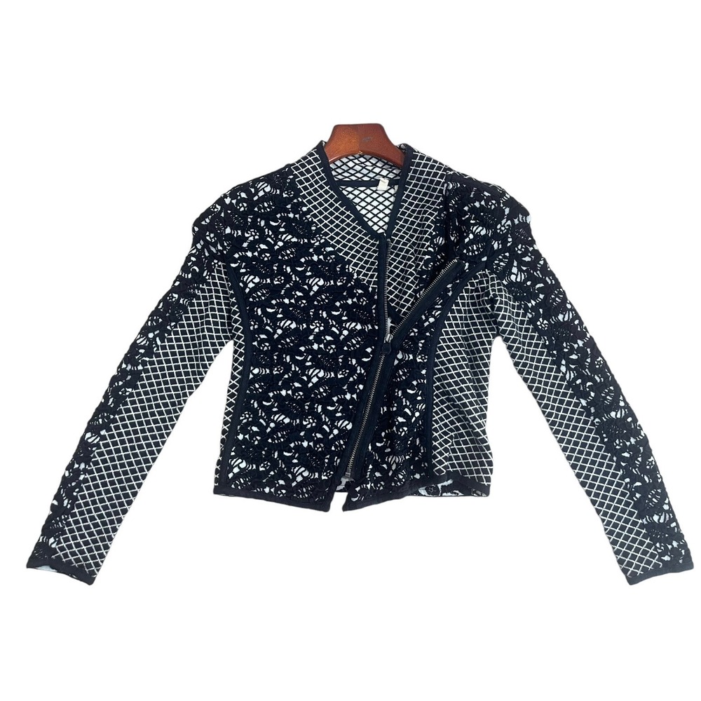 Anthropologie Moth Jacket Women XXS ‎ Black Jacquard Asymmetrical Moto Zip Lace